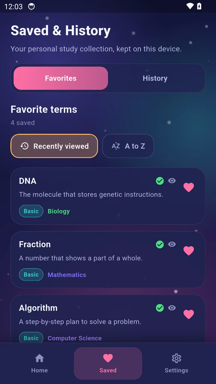 Learn Light favorites screen